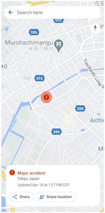 Google Maps on Mobile Screen, Major Accident Example