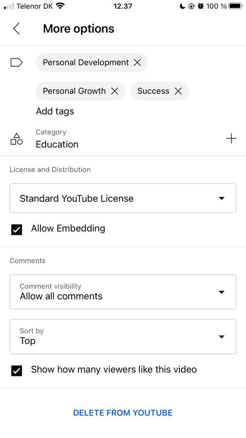 More Options Tab on YouTube Studio iPhone