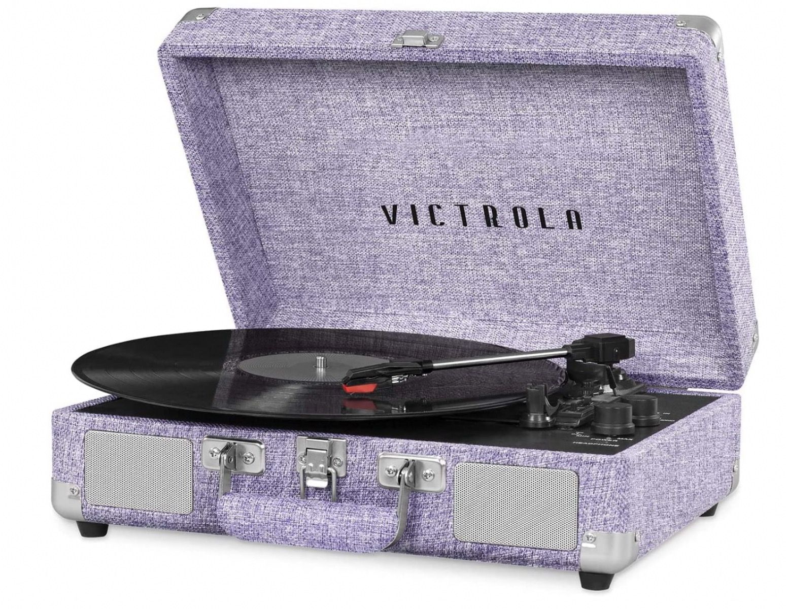 Open light-purple colored Victrola Suitcase record player