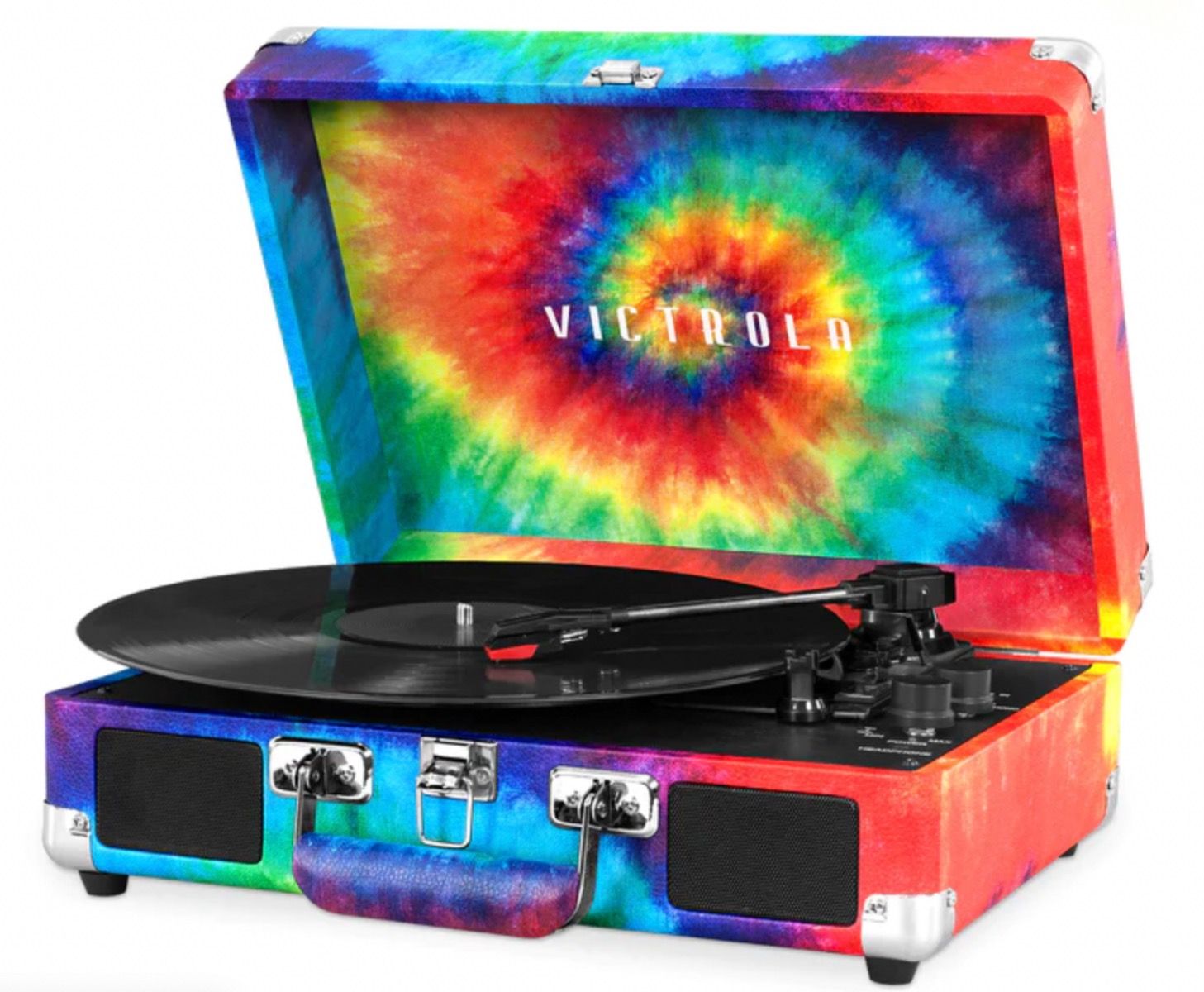 Psychedelic Victrola-Suitcase record player with lid up playing record