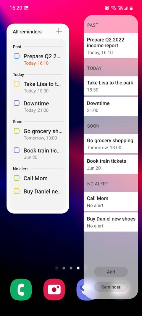 Samsung Reminder edge panel