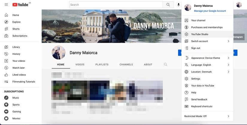 Screenshot showing a list of options on the YouTube studio screen