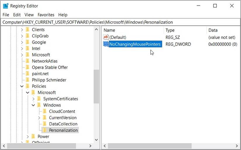 Using the Registry Editor to Disable the Mouse Pointer Settings