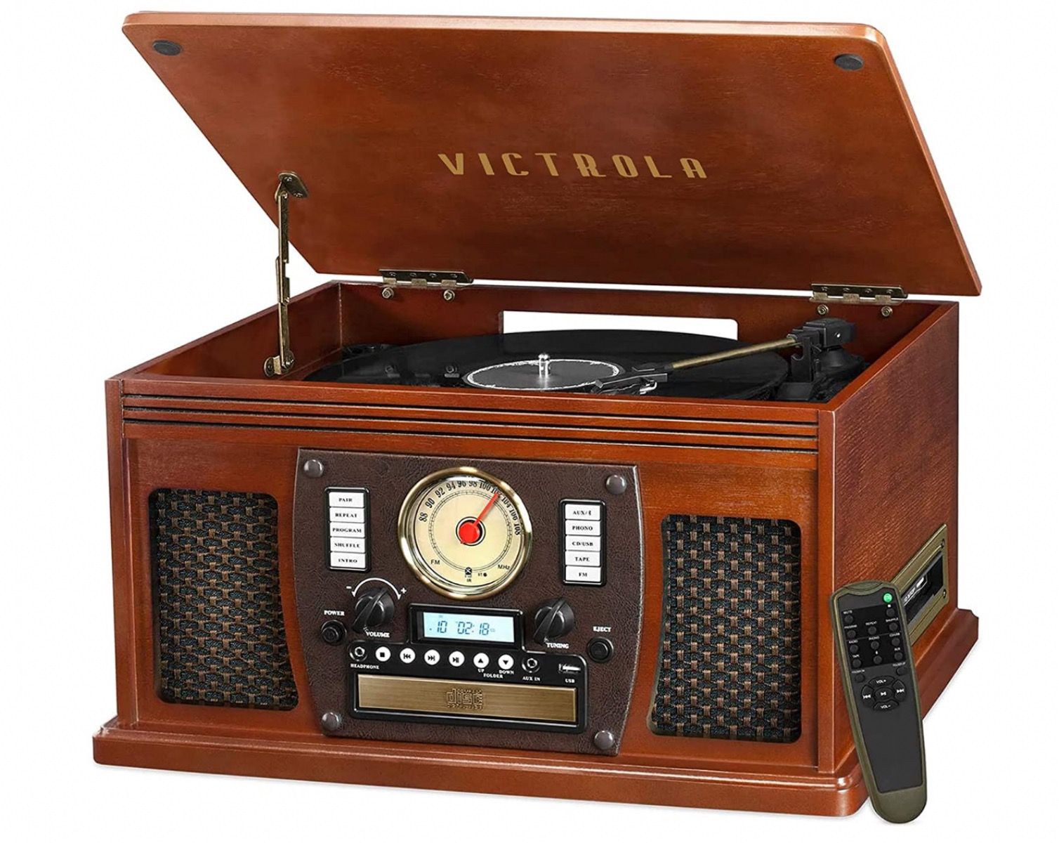 Victrola 8-in-1 shot with lid up and remote control by its side