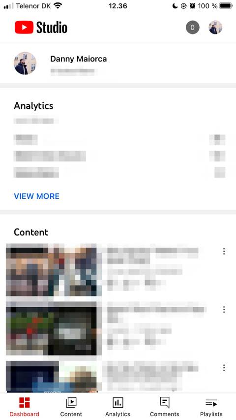 YouTube Dashboard on iPhone