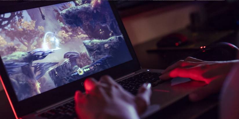 A person's hands can be seen as they play games on a laptop.