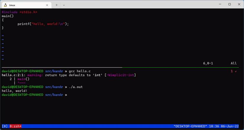 Coding and running a "Hello, world!" program in C on Linux with Tmux, Vim, and GCC