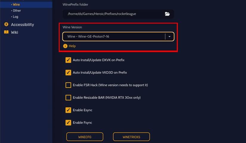 changing wine version settings rocket league