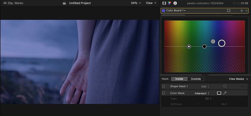 Screenshot of the colorboard menu adjusted in Final Cut Pro alongside a video clip