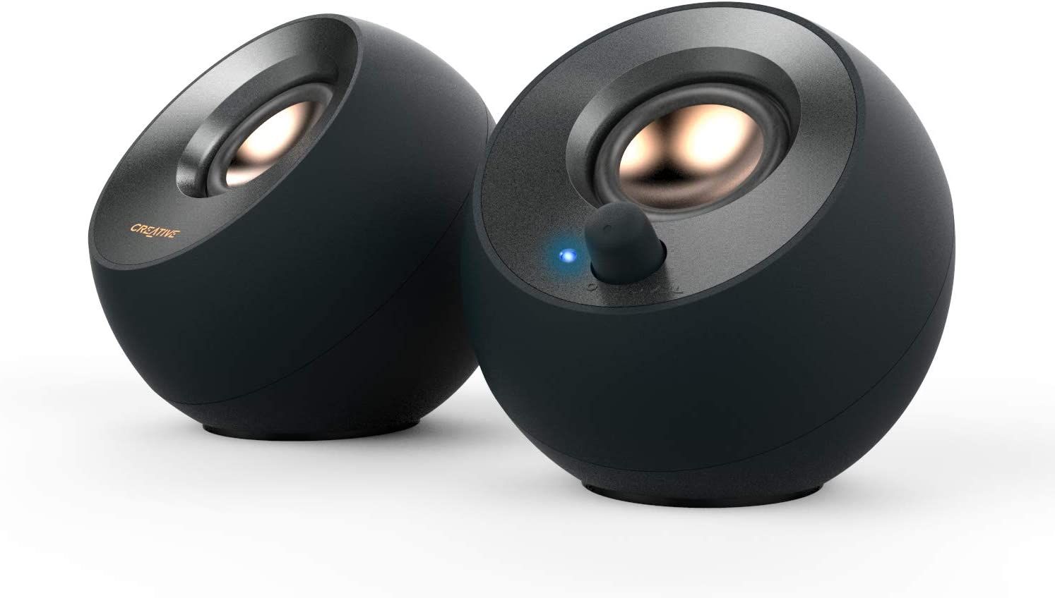 two creative pebble v2 speakers side by side