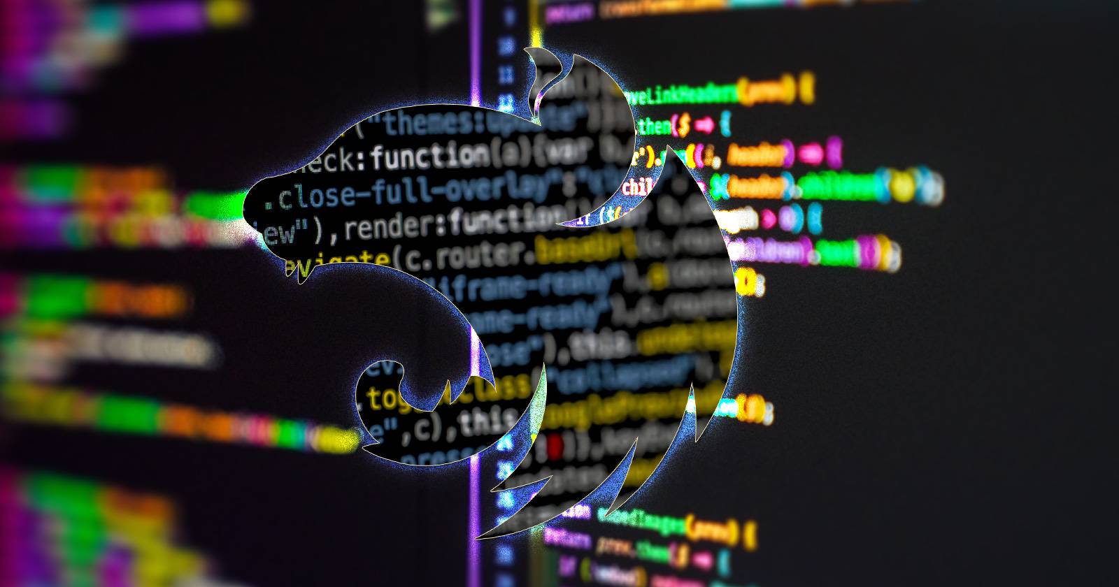 NestJS logo over random JavaScript code
