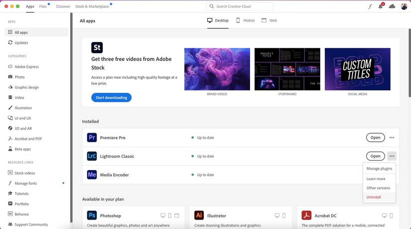screenshot showing how to uninstall an app in adobe cc