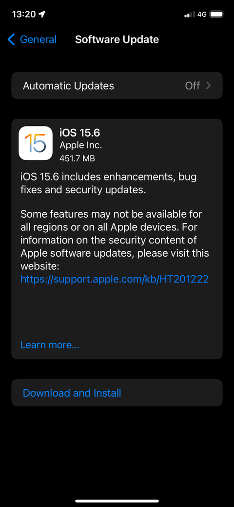 Software update screen.