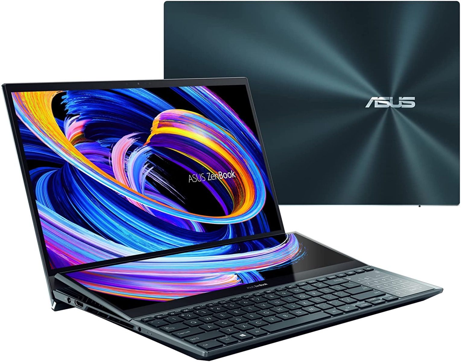 Side shot of the Asus ZenBook Pro Duo 15 Display with lit up immersive display and shot of the top of a closed laptop in the background