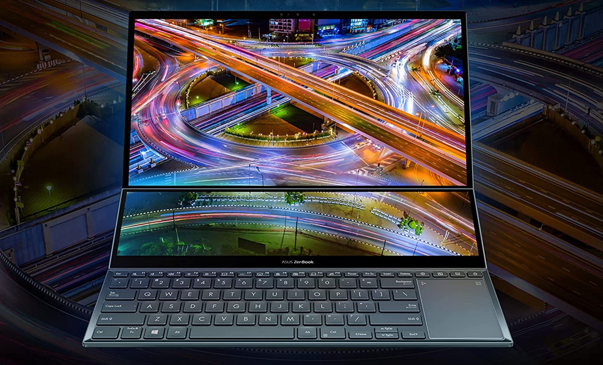 Face shot of the Asus ZenBook Pro Duo 15 Immersive display including the ScreenPad