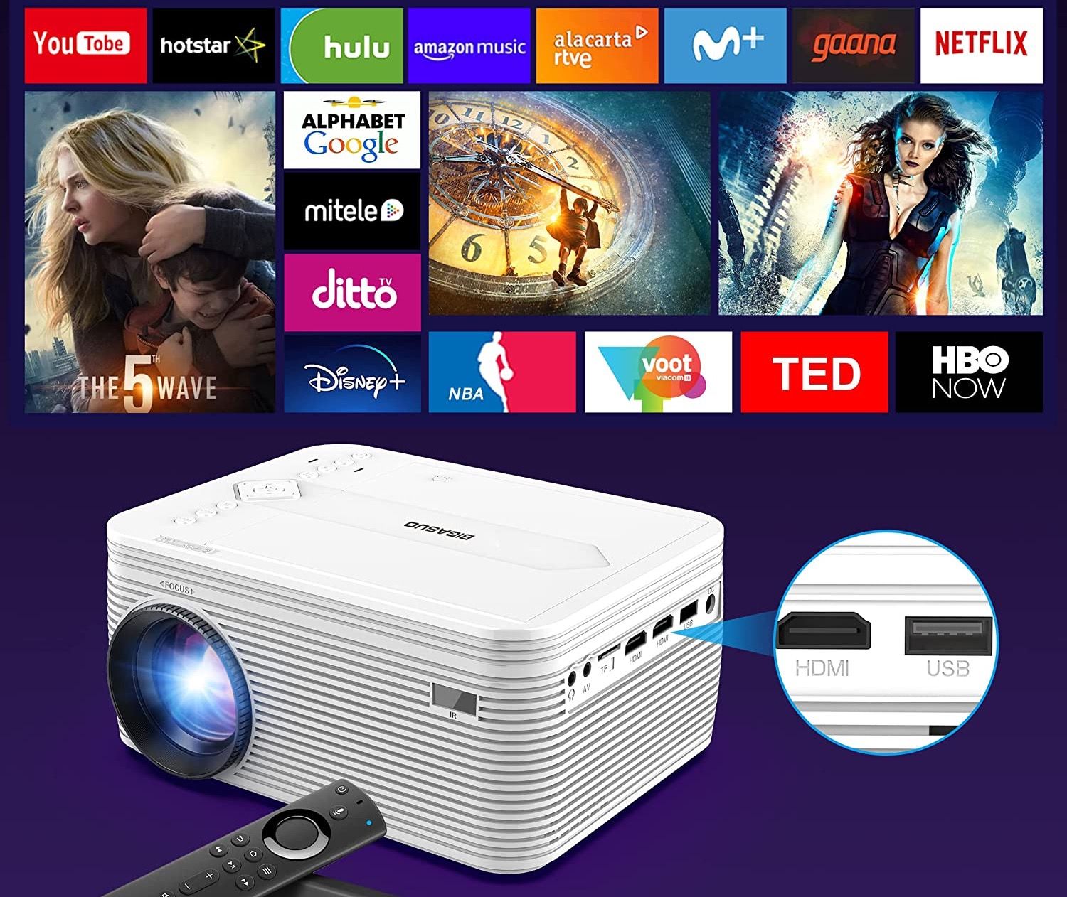 BIGASUO Pro302 projector showing ports and displaying compatible entertainment networks in the background