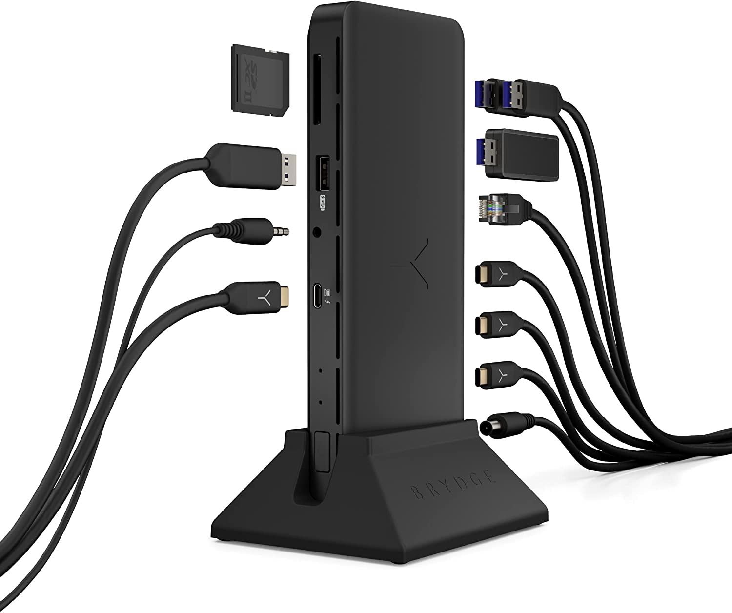 Black Brydge Stone TB4 standing vertically on its stand with various connectors shown next to their compatible ports
