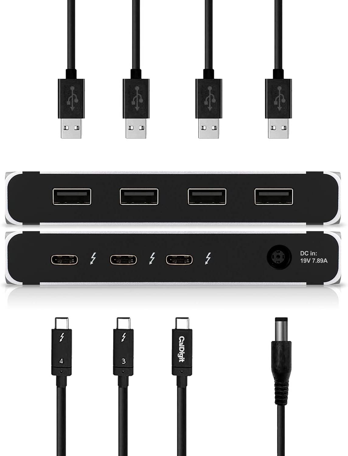 Shot of two CalDigit Thunderbolt 4 Element hubs displaying all seven available ports and the relevant connectors 