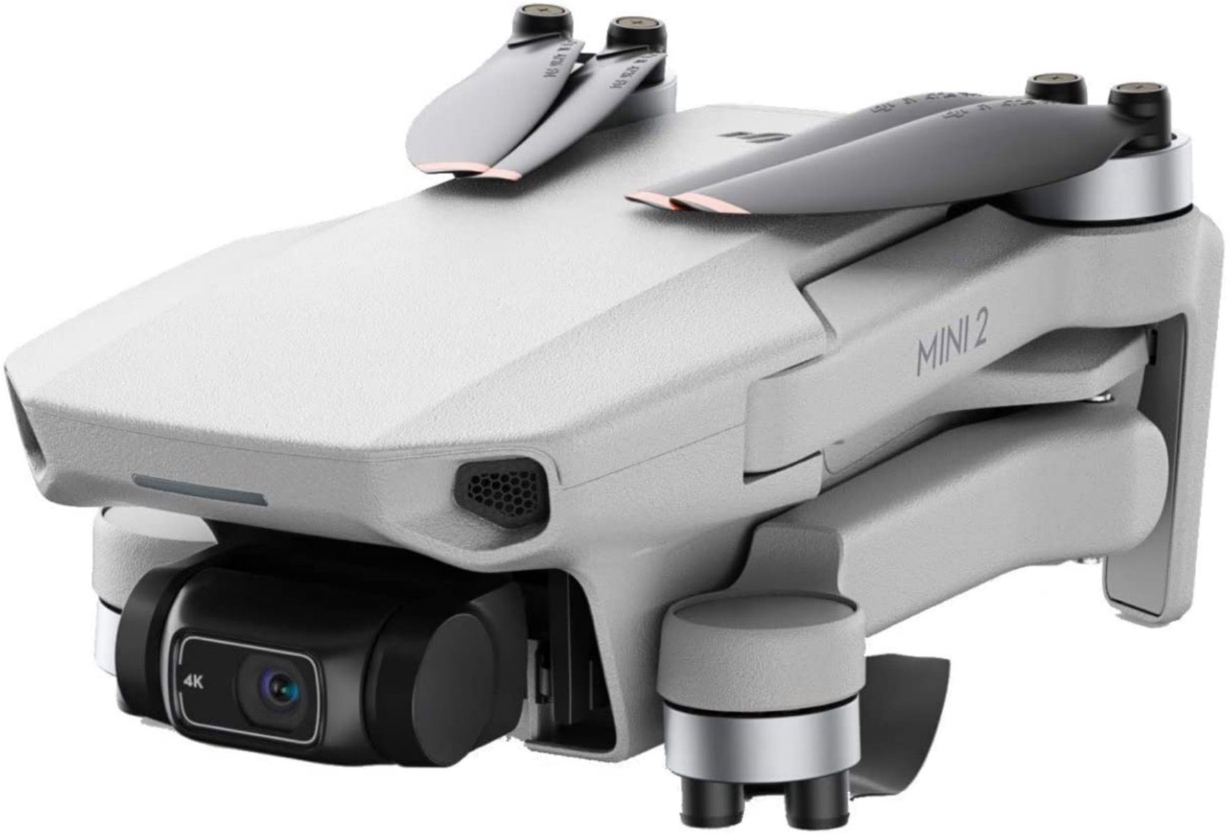A front shot of the DJI Mini 2 showing the camera