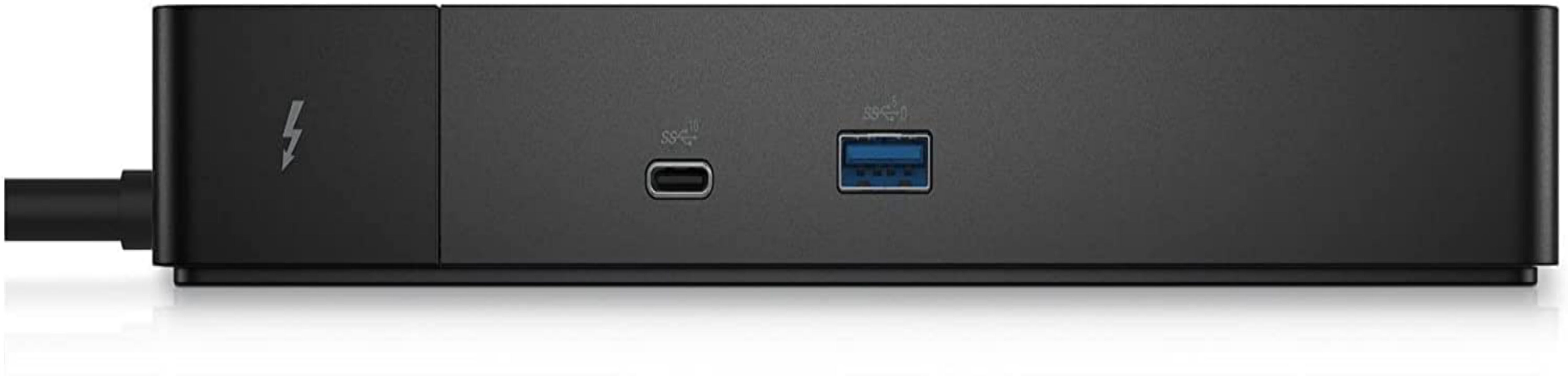 Front image of black Dell thunderbolt 4 docking station showing ethernet and USB-C 3.2 Gen 2 ports