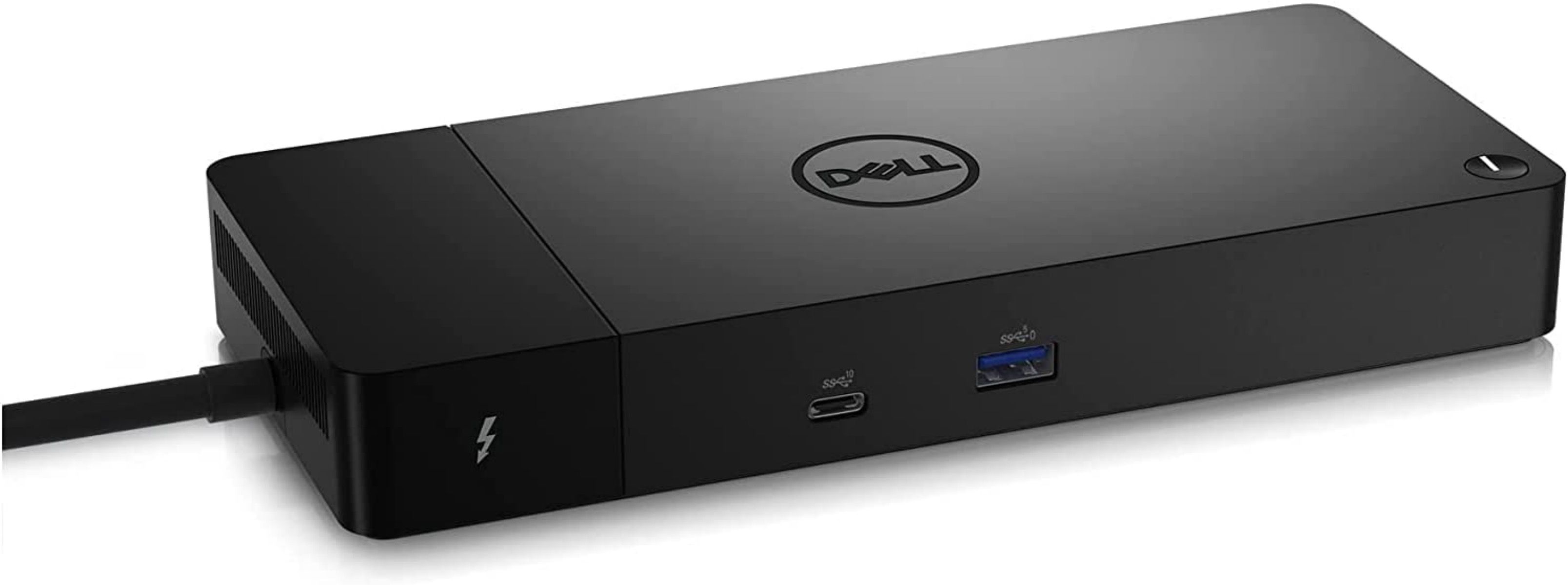 Front image of black Dell Thunderbolt 4 docking station with charging cable plugged in