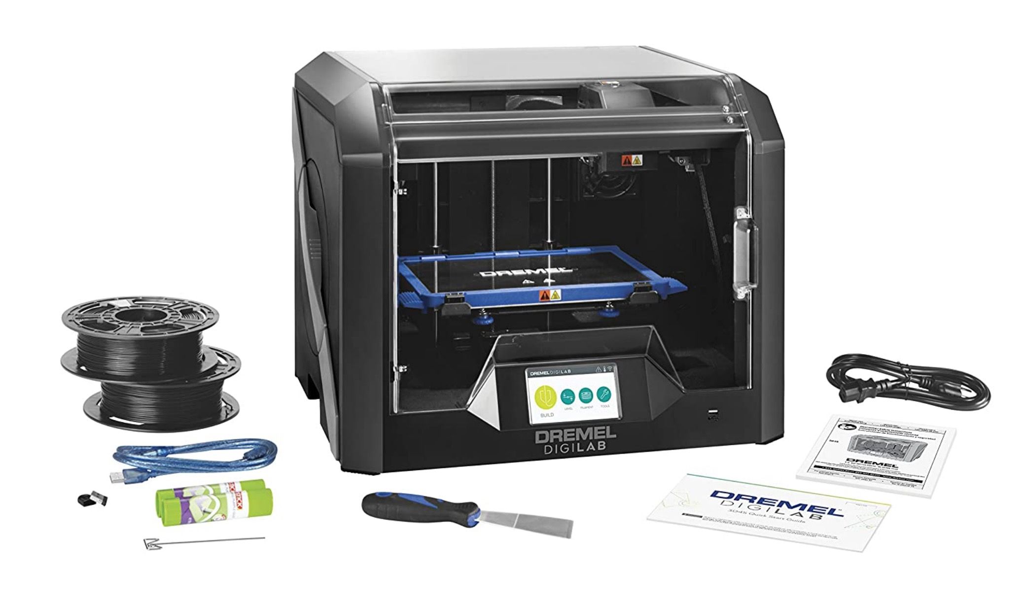 A Dremel DigiLab 3D printer with various accessories surrounding