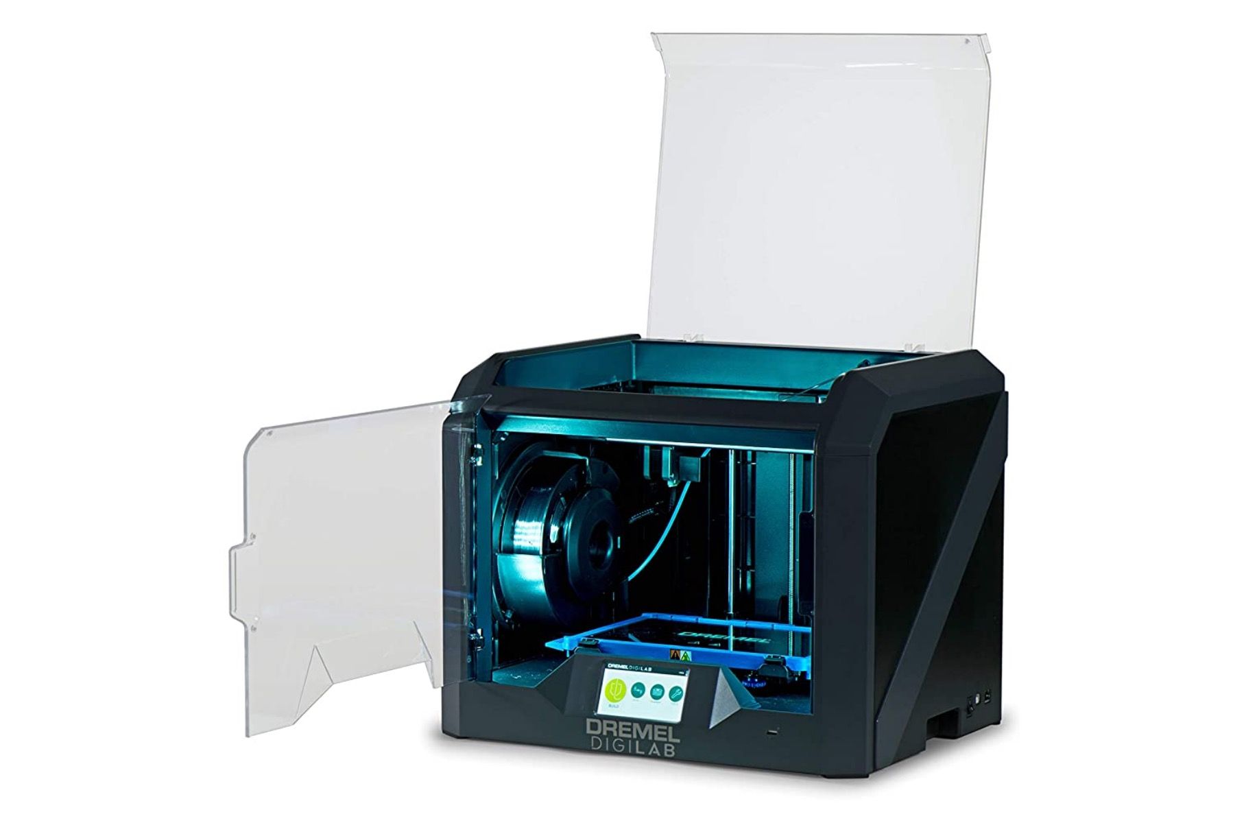 A Dremel DigiLab 3D printer with front and top lids open