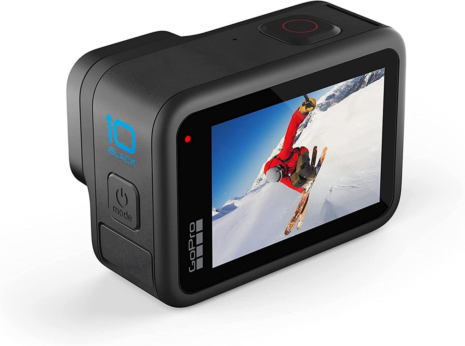 An arial shot of a GoPro Hero10 with a skier on the display