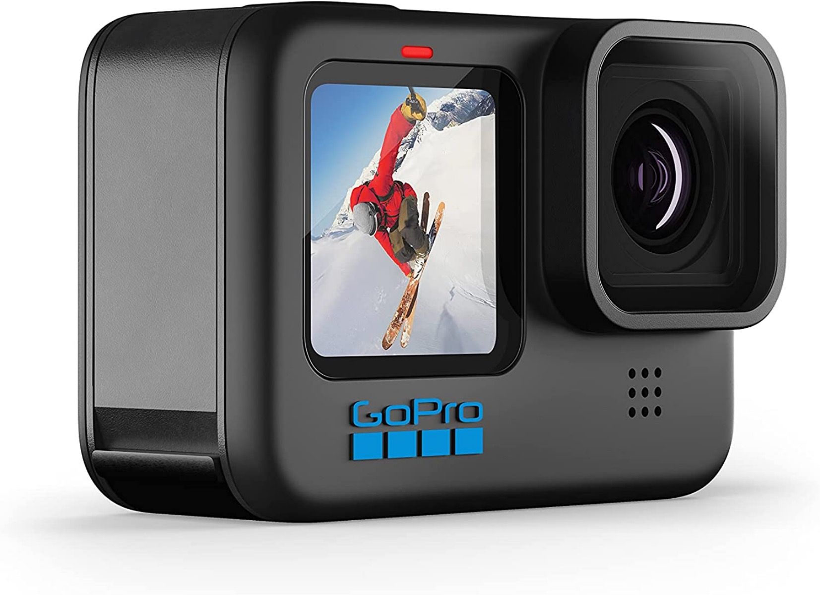 A side shot of a GoPro Hero10 with a skier on the display