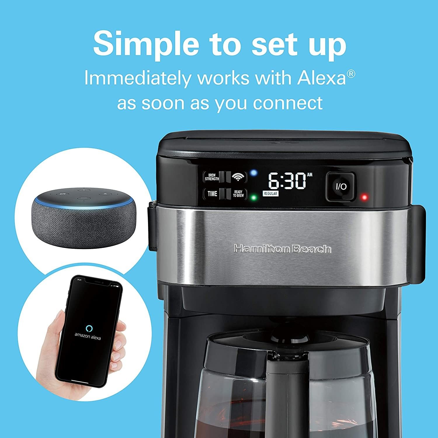 The Hamilton Beach Smart 12 Cup Coffee Maker with an Echo Dot and smartphone.