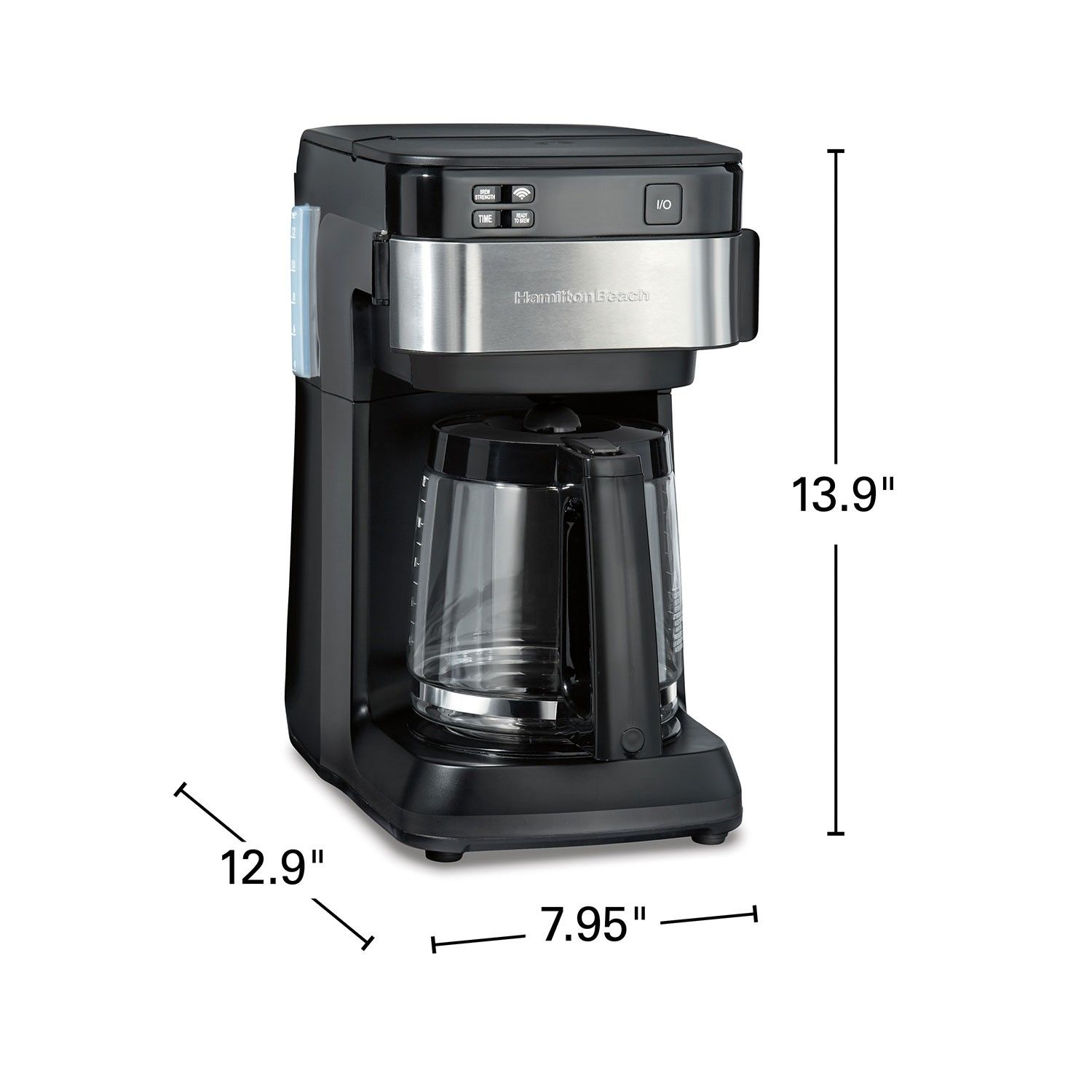 The size and dimensions of the Hamilton Beach Smart 12 Cup Coffee Maker.