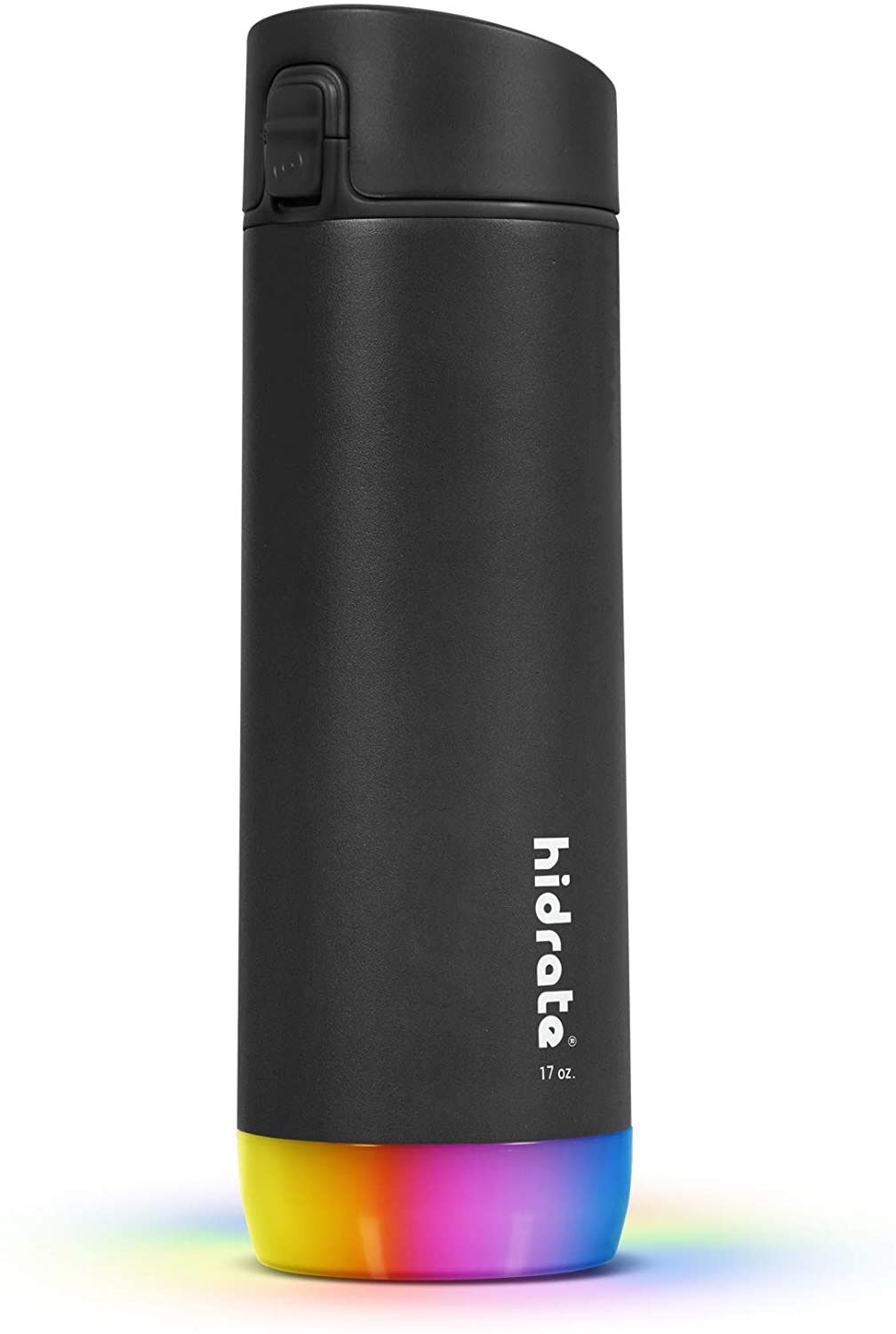 A black Hidrate Spark Pro smart water bottle standing upright with flashing colorful light
