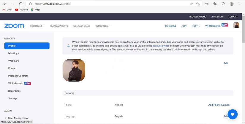 Opening Profile Tab Under Personal Section on Zoom Website