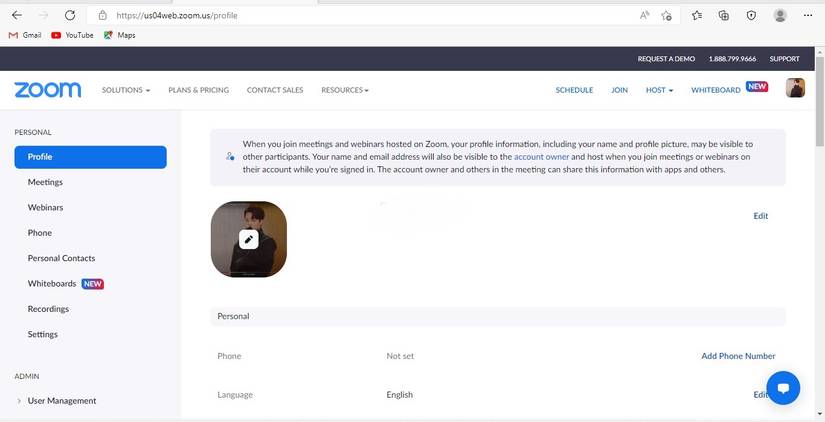 Clicking the Pencil Icon to Edit the Profile Picture on Zoom Website