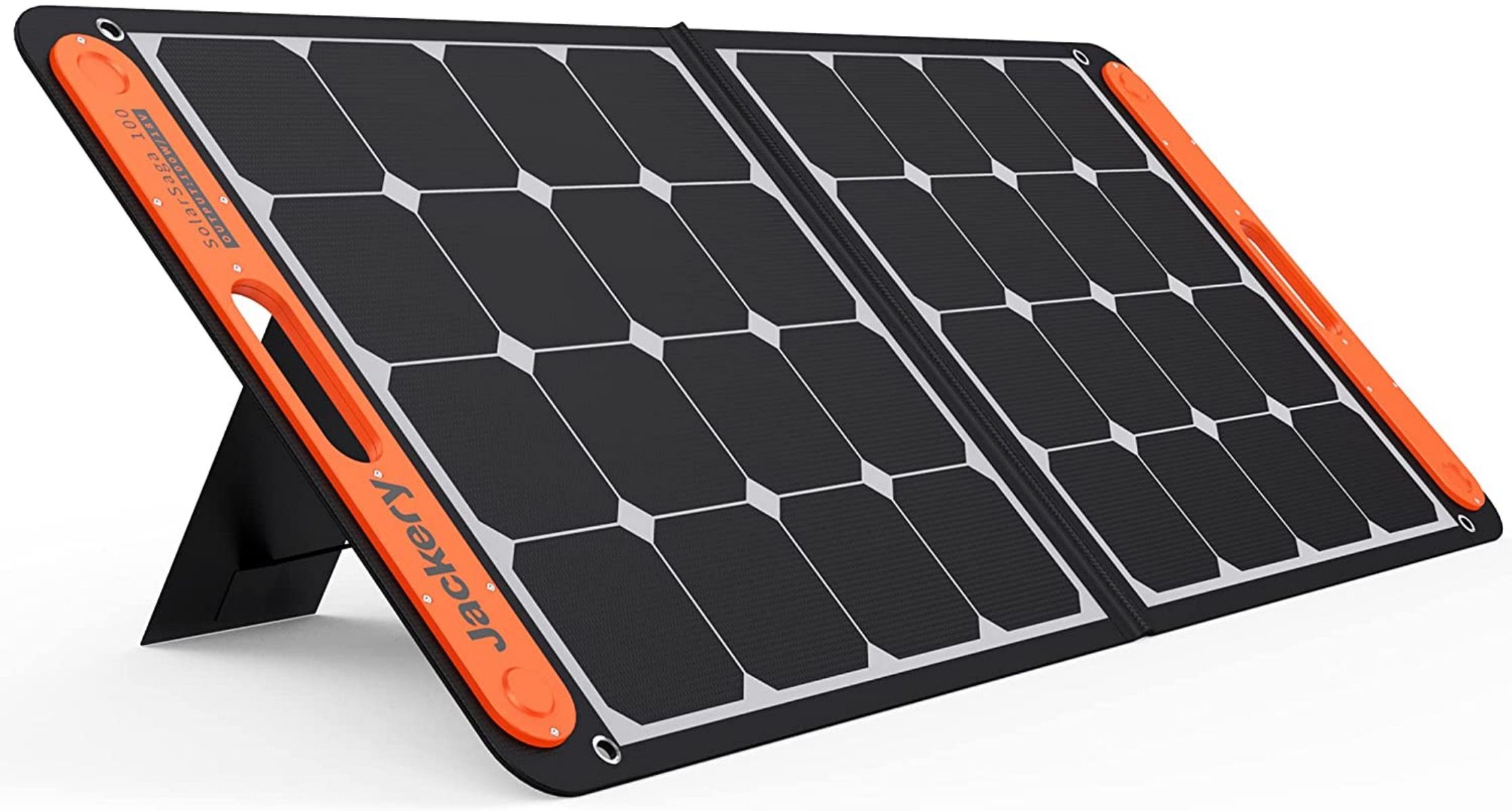Jackery SolarSaga 100W standing on its stand