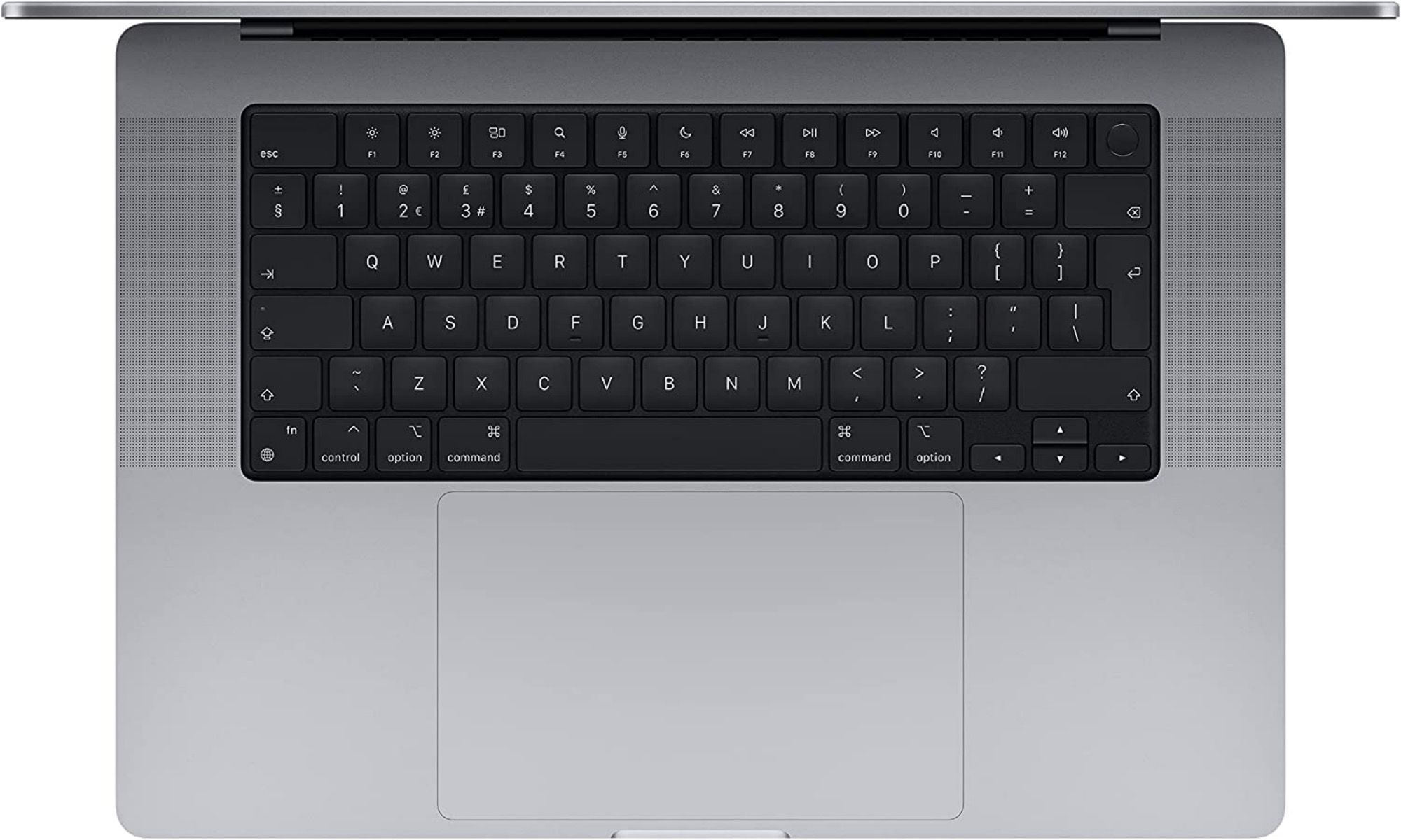 Arial shot of silver MacBook Pro showing large trackpad, keyboard, and speakers