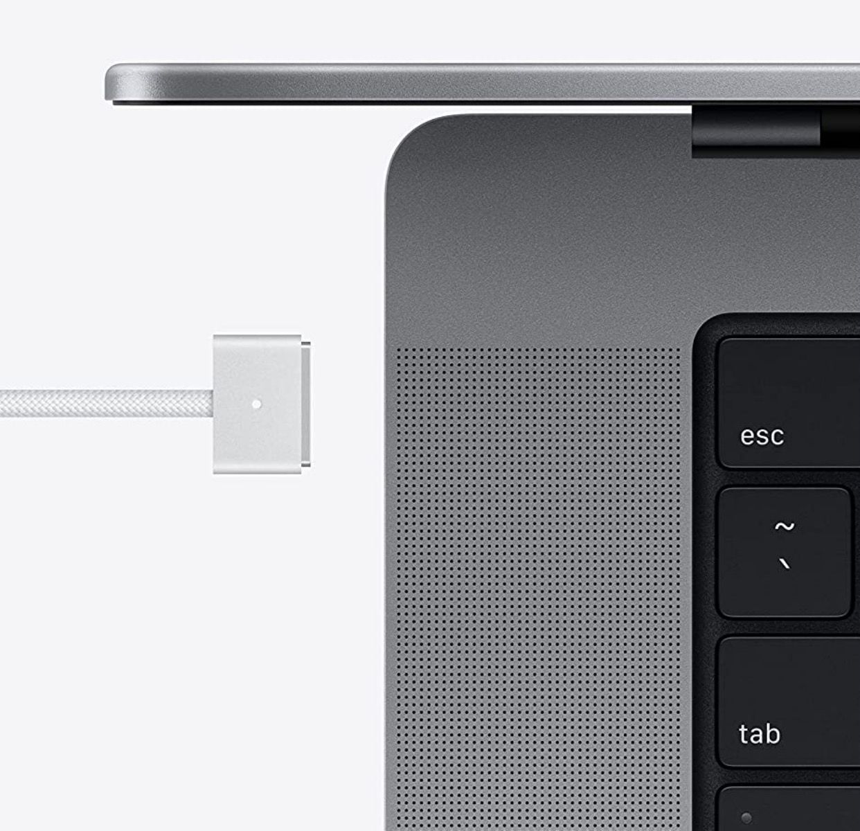 Shot of top-left corner of MacBook pro showing the MagSafe charger and where it connects