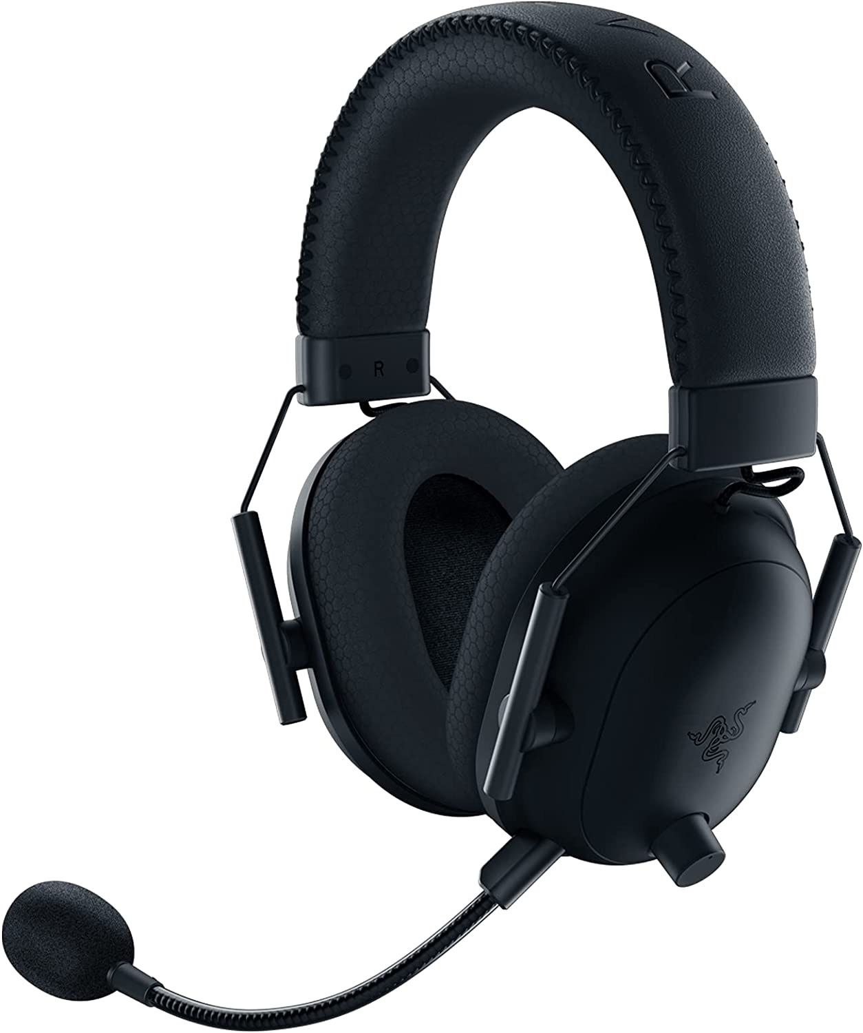 A faceshot of a pair of black Razer BlackShark V2 gaming headphones