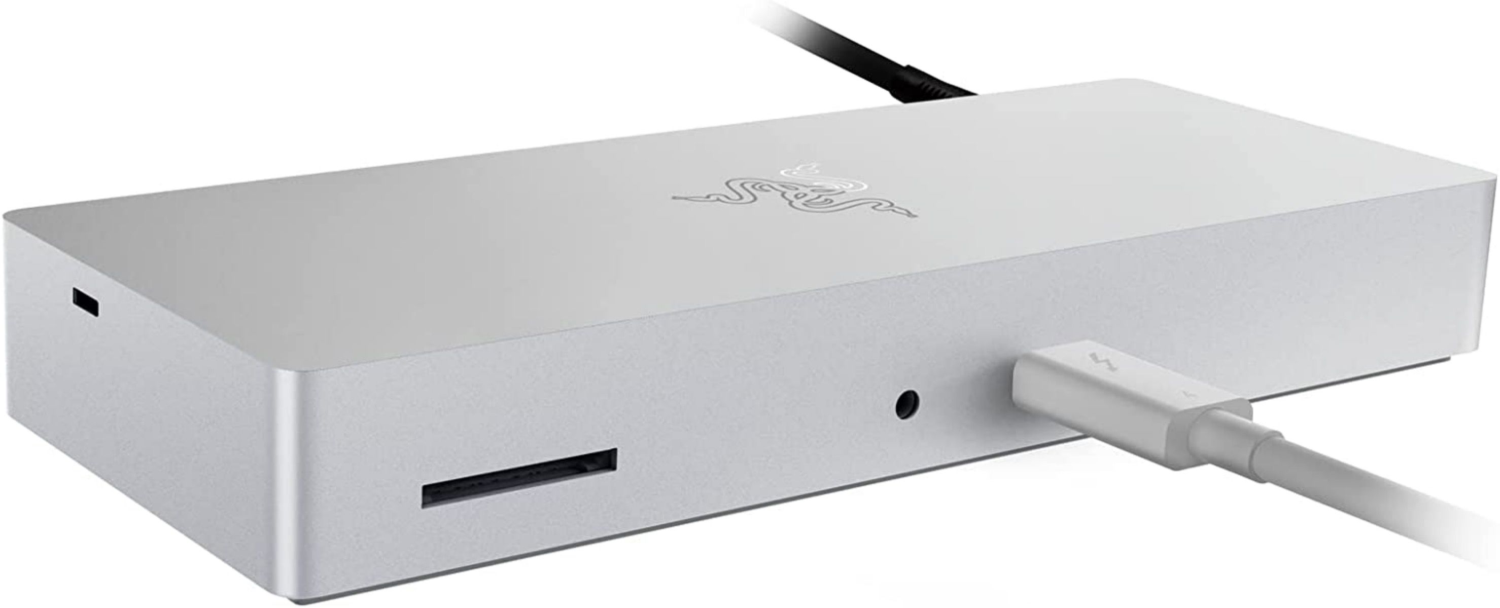Image of white Razer Thunderbolt 4 Dock for Mac with USB connector plugged in