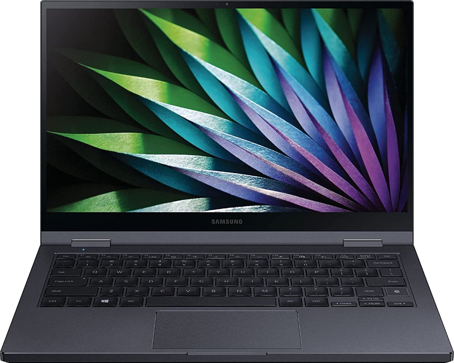 Face shot of Samsung Galaxy Book Flex2 Alpha in laptop form with vibrant display
