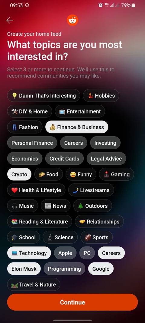 Screenshot of Reddits interest page