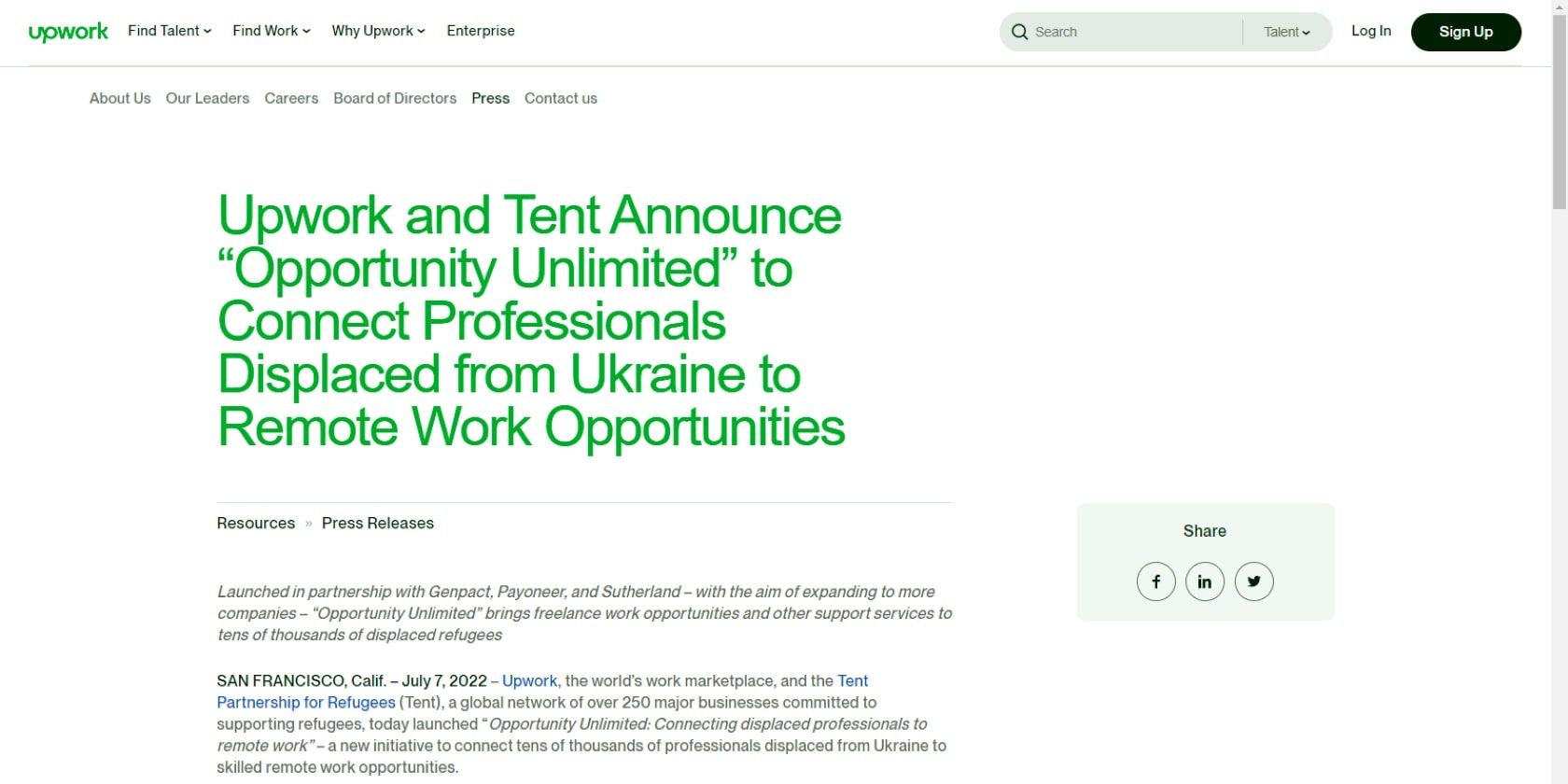 An image of Upwork's press release announcing the initiative