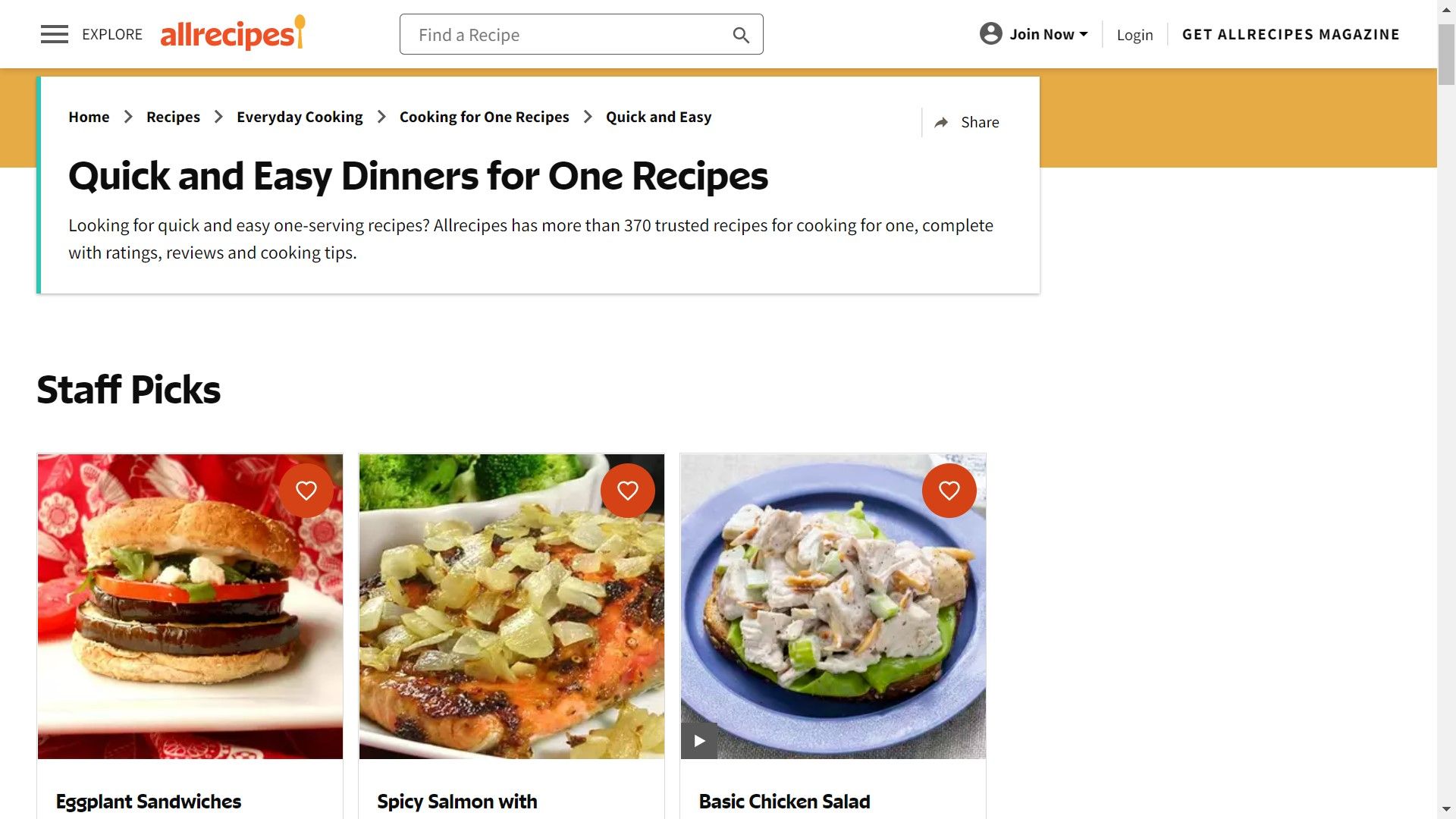 all recipes dinners for one website