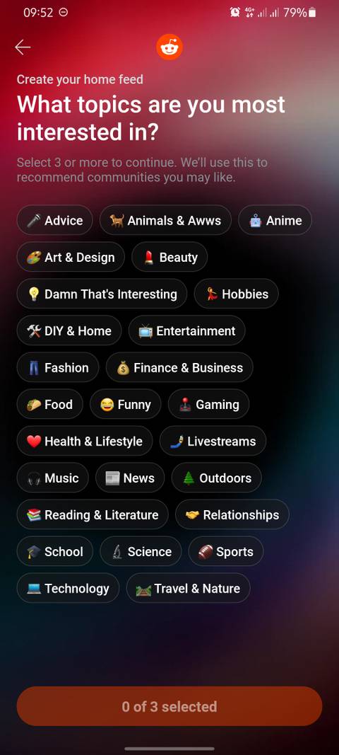 screenshot of Reddit interests page