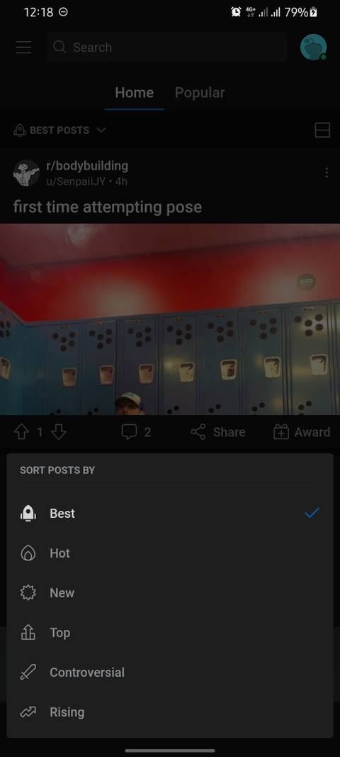 screenshot of reddit homepage sorting options