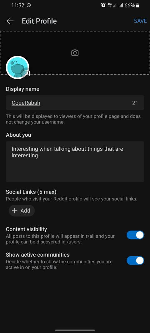 screenshot of reddits edit profile page
