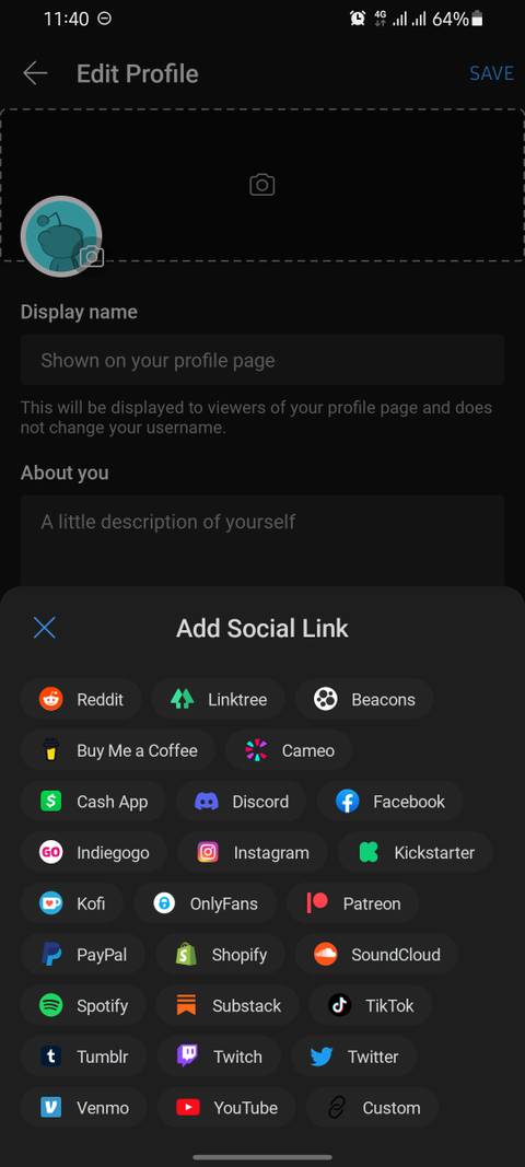 screenshot of social links on reddit