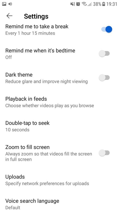 YouTube app settings