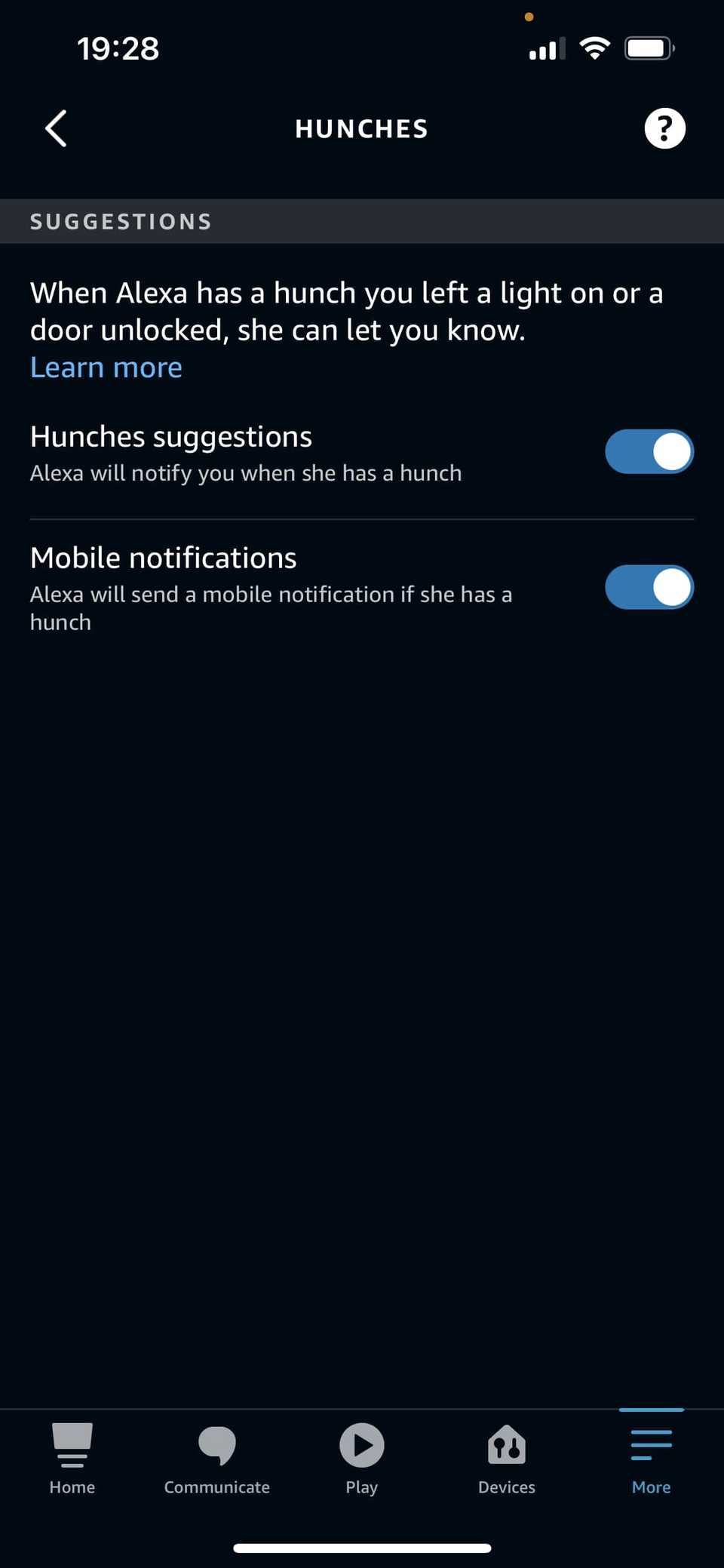 Alexa App Hunches Settings