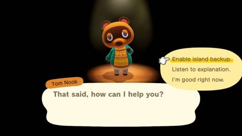 Animal Crossing New Horizons how to back up island save data select enable island back up